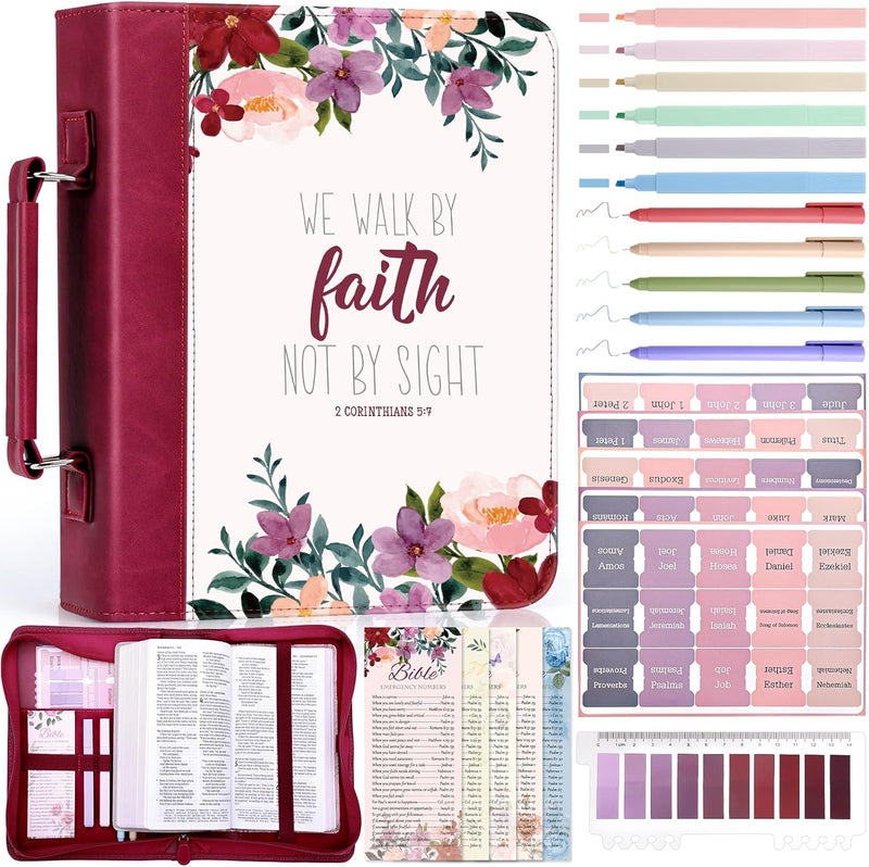 XKDOUS 24 Pcs Bible Cover Case for Women, Bible Bag with Study Supplies, Large Carrying Case with Handle, Bible Tabs, Bookmarks, Christian Gift for Women - Image 1